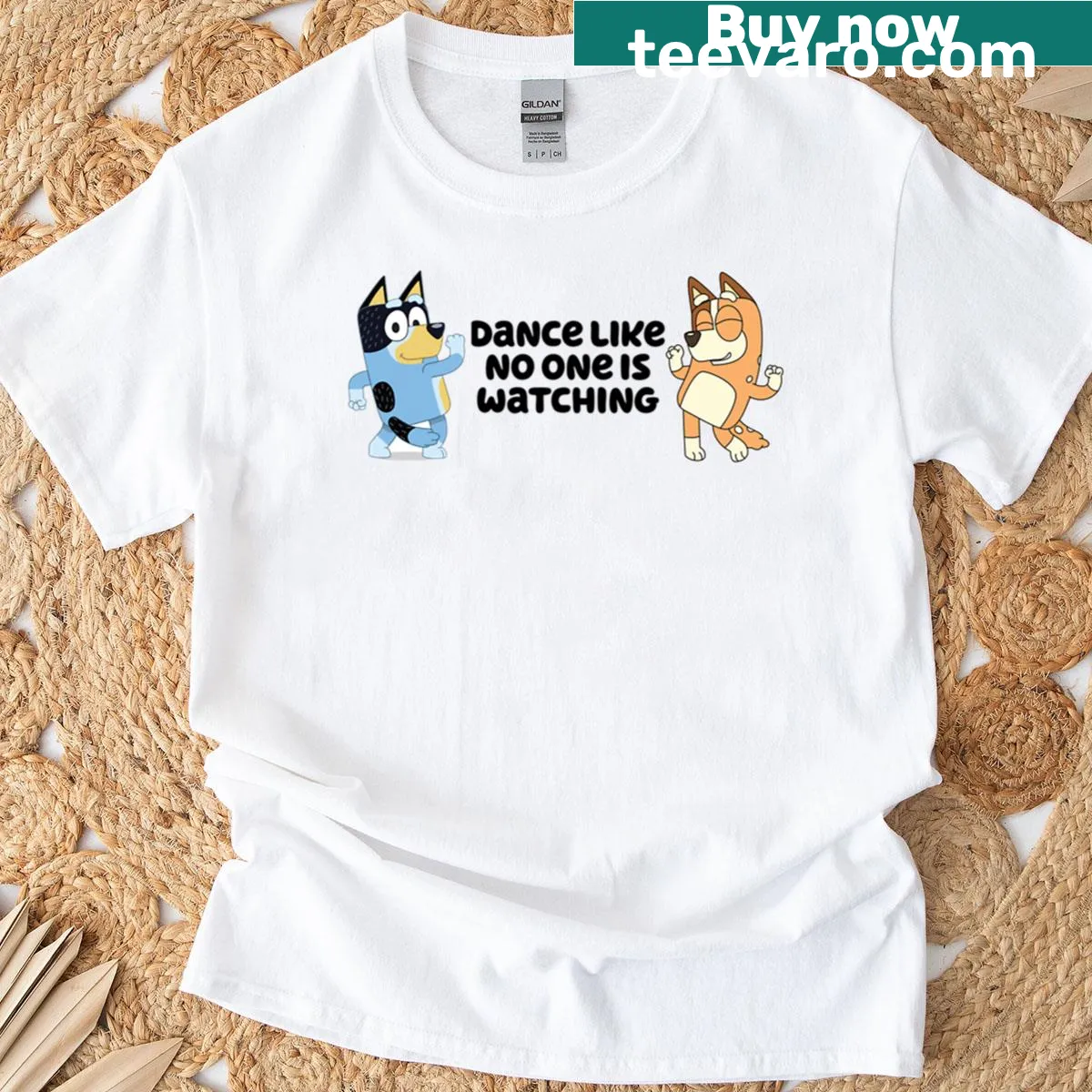 T-shirt featuring Bandit and Chilli from Bluey dancing happily — on a men's t-shirt
