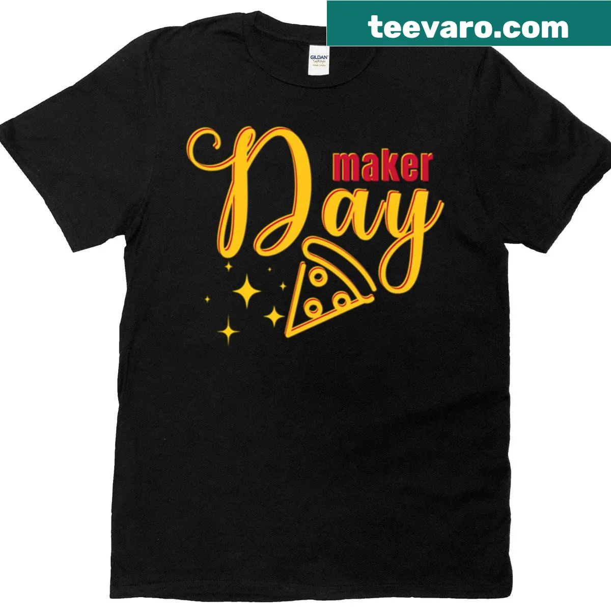 Illustrated pizza slice t-shirt with Day Maker text — on a men's t-shirt