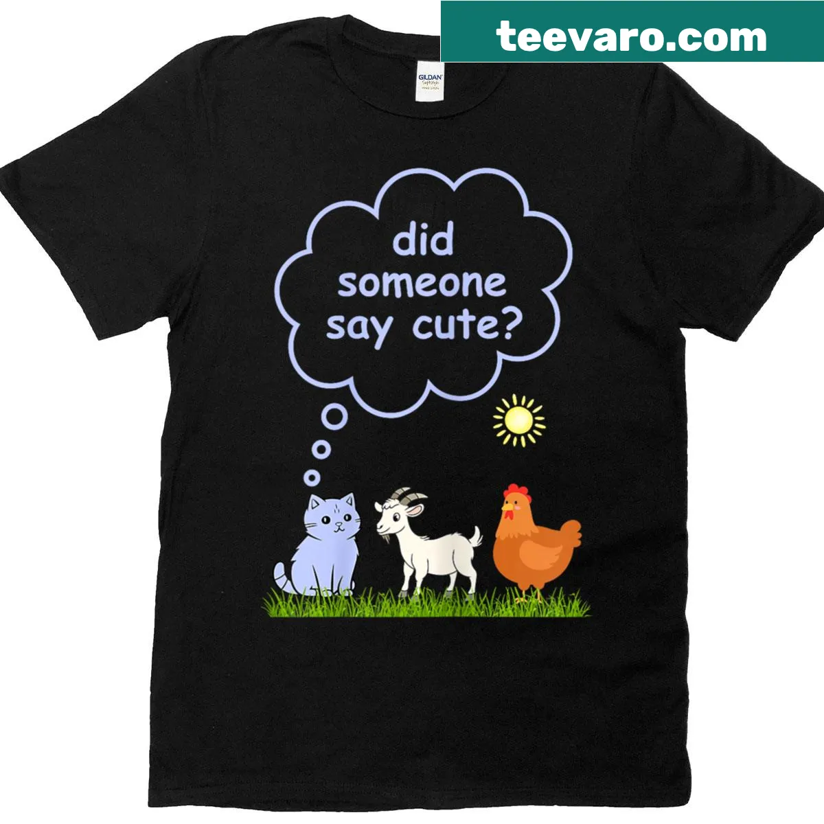 Charming farm animal illustration with cat, goat, and chicken — on a men's t-shirt
