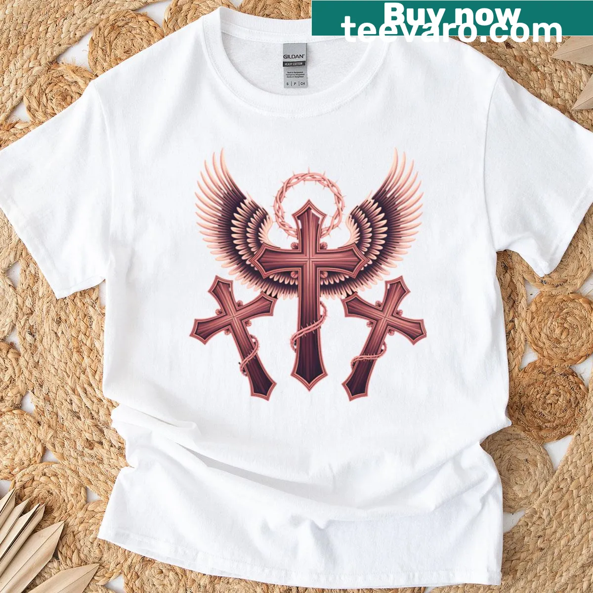 T-shirt with three crosses and angel wings symbolizing faith — on a men's t-shirt