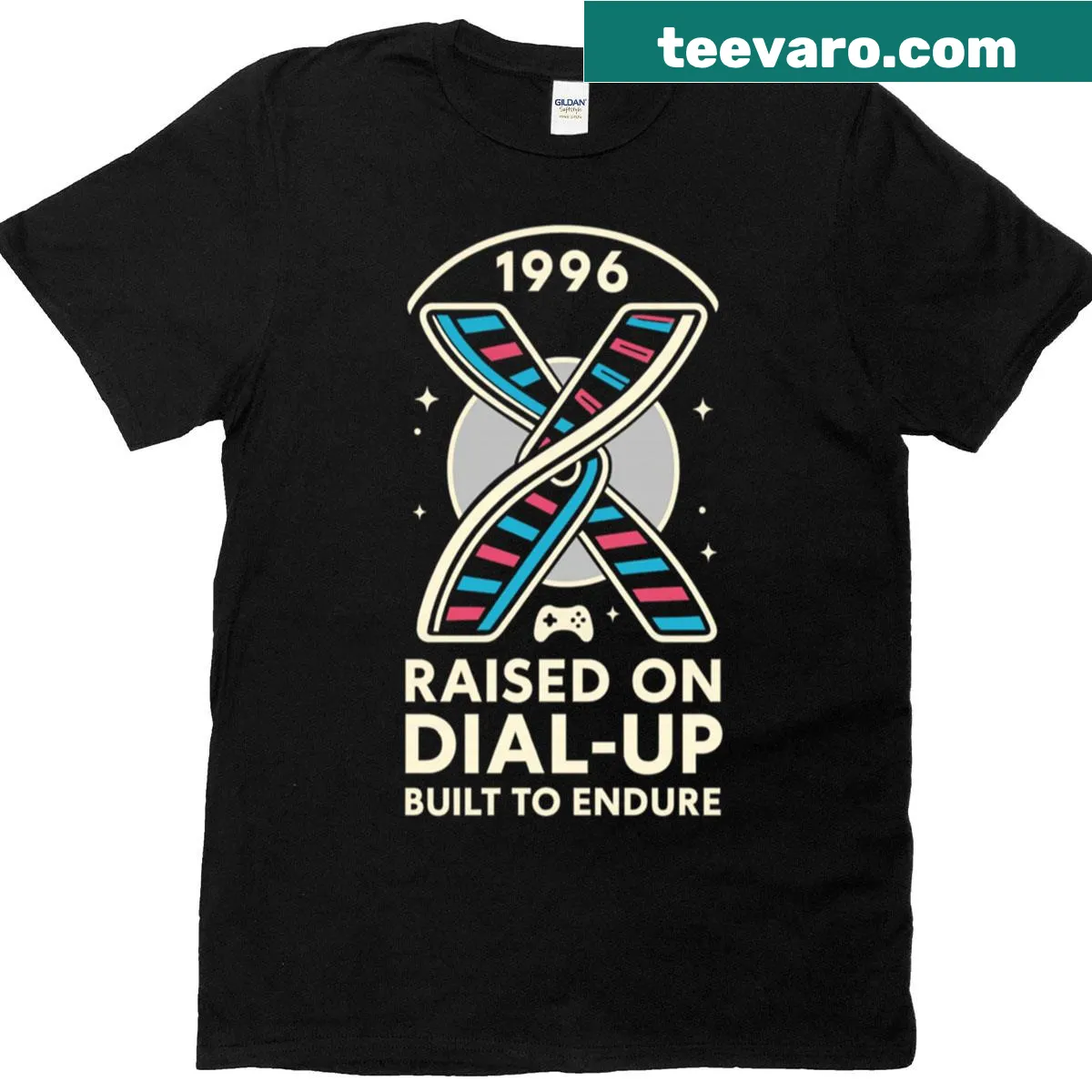 DNA helix design with 90s tech motifs — on a men's t-shirt