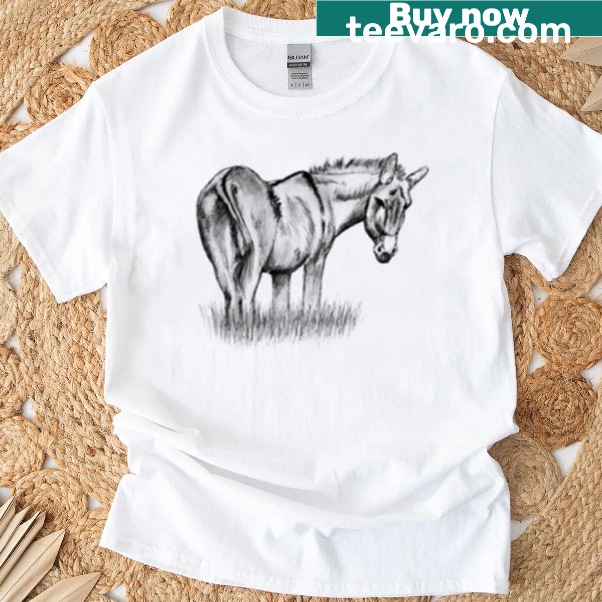 Realistic drawing of a donkey looking back on a t-shirt — on a men's t-shirt