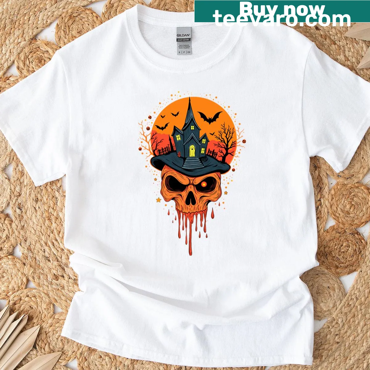 Halloween-themed T-shirt with dripping horror graphics — on a men's t-shirt