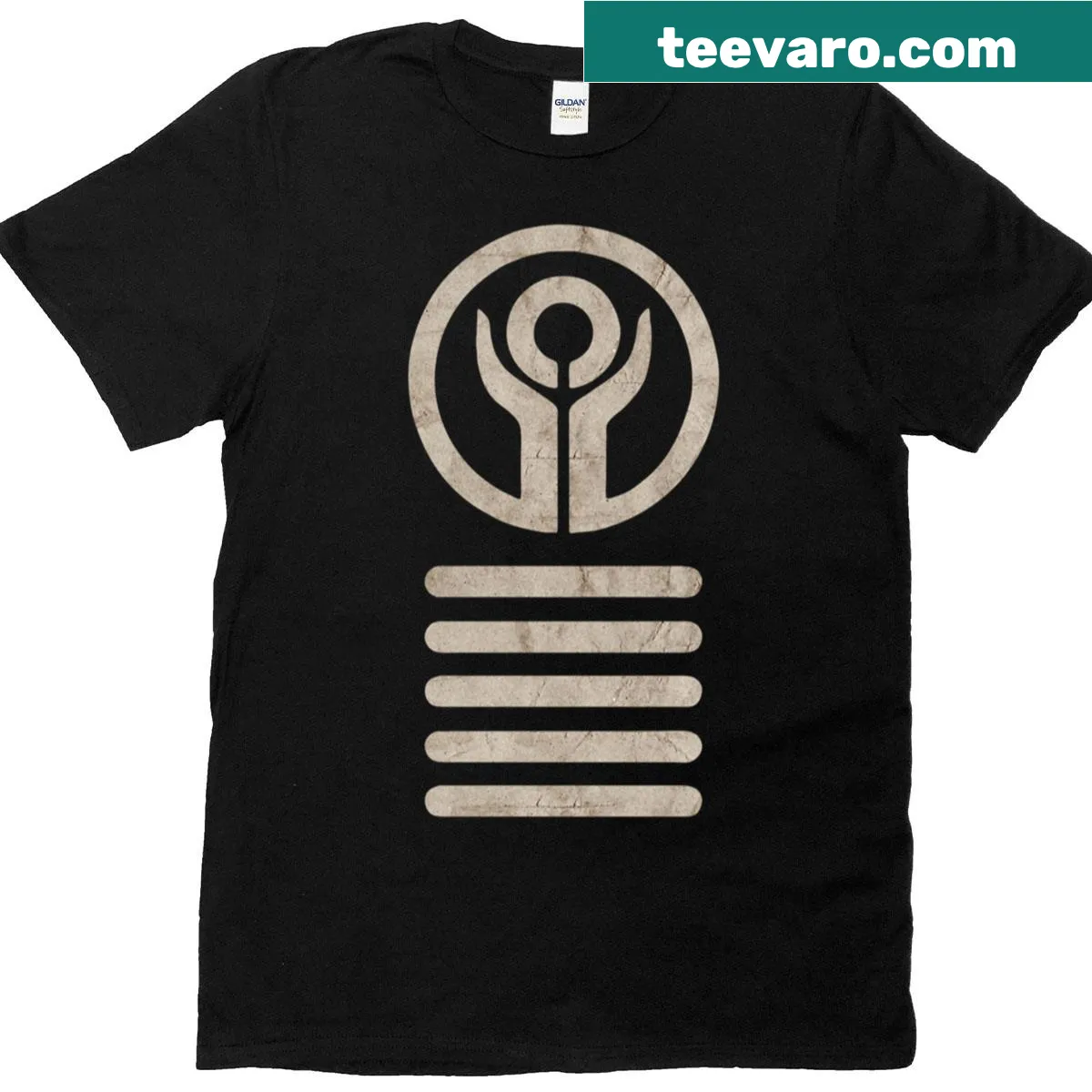 T-shirt featuring an edgy dystopian repo men symbol design — on a men's t-shirt