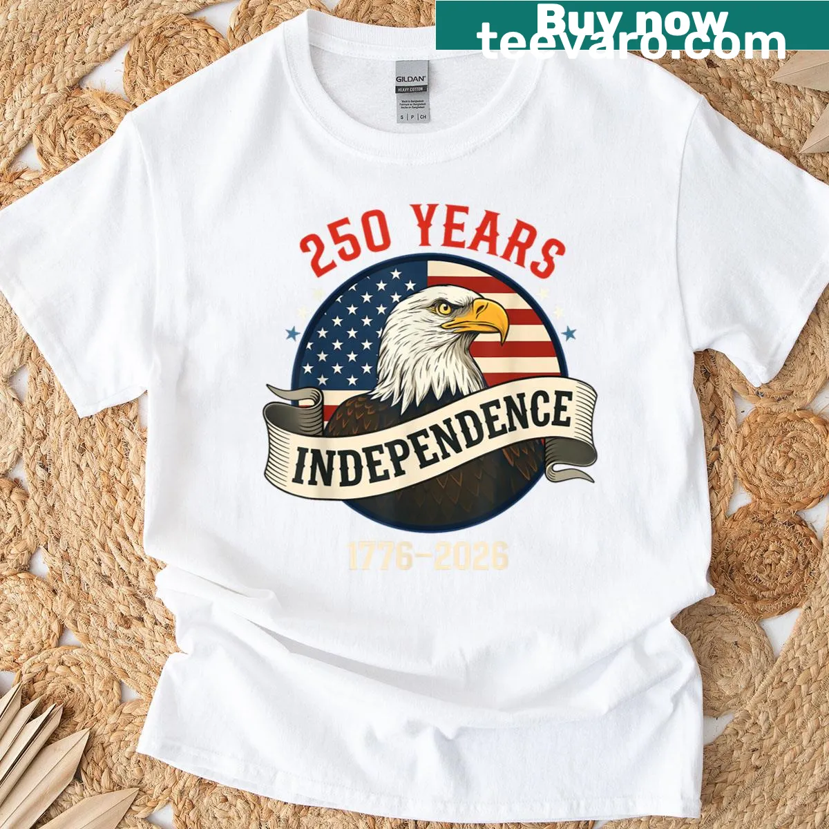 Patriotic T-shirt with eagle and American flag design for 250th anniversary — on a men's t-shirt