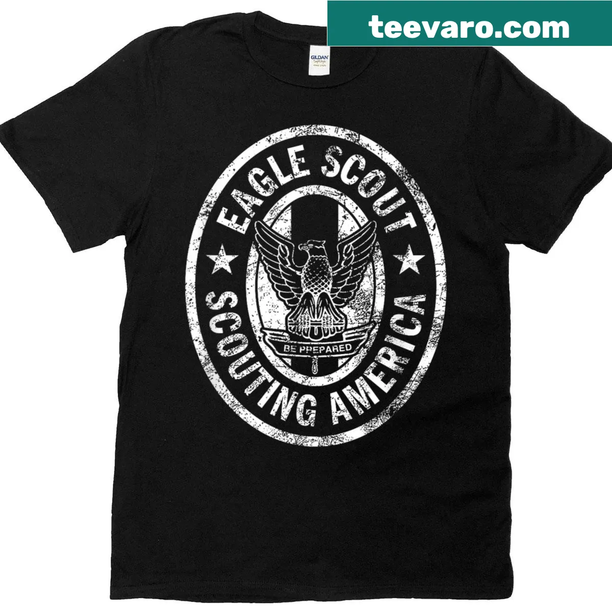 Distressed Eagle Scout t-shirt with emblem design — on a men's t-shirt