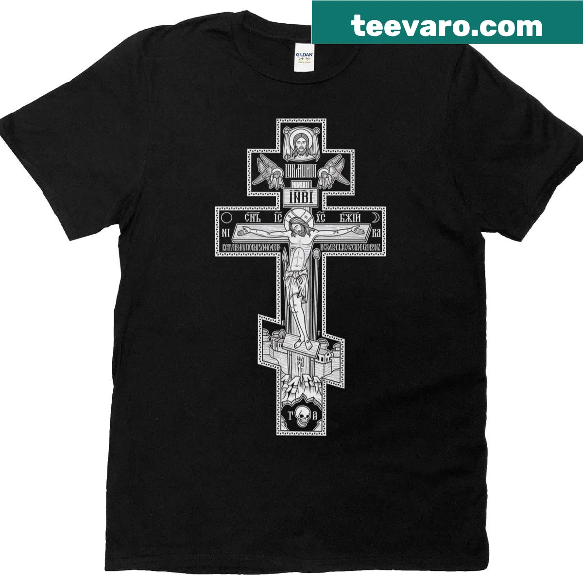 Illustrative Eastern Orthodox crucifix icon T-shirt — on a men's t-shirt