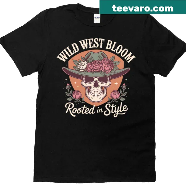 Edgy skull with floral cowboy hat on T-shirt
