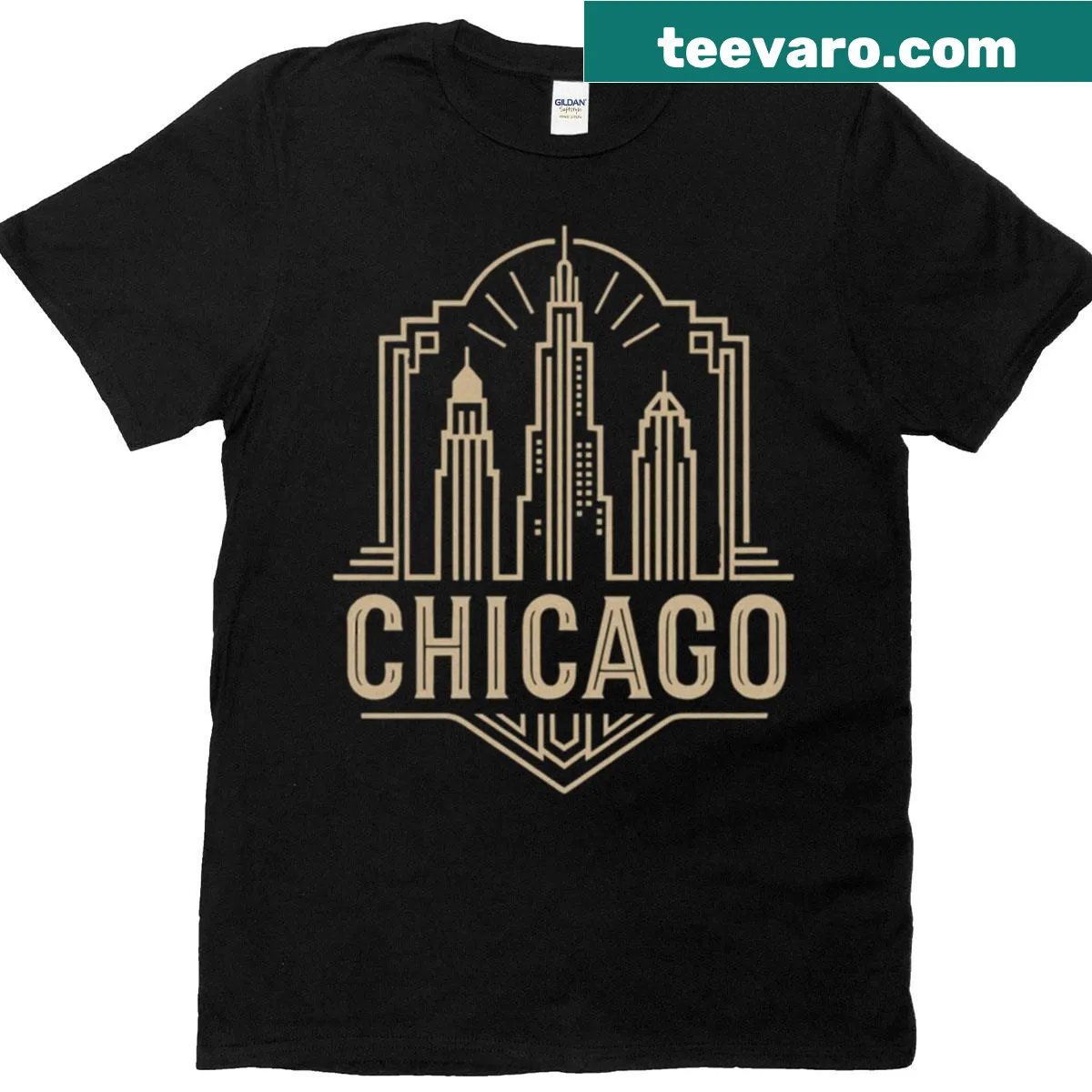 Gold line art T-shirt of Chicago skyline with architectural details — on a men's t-shirt