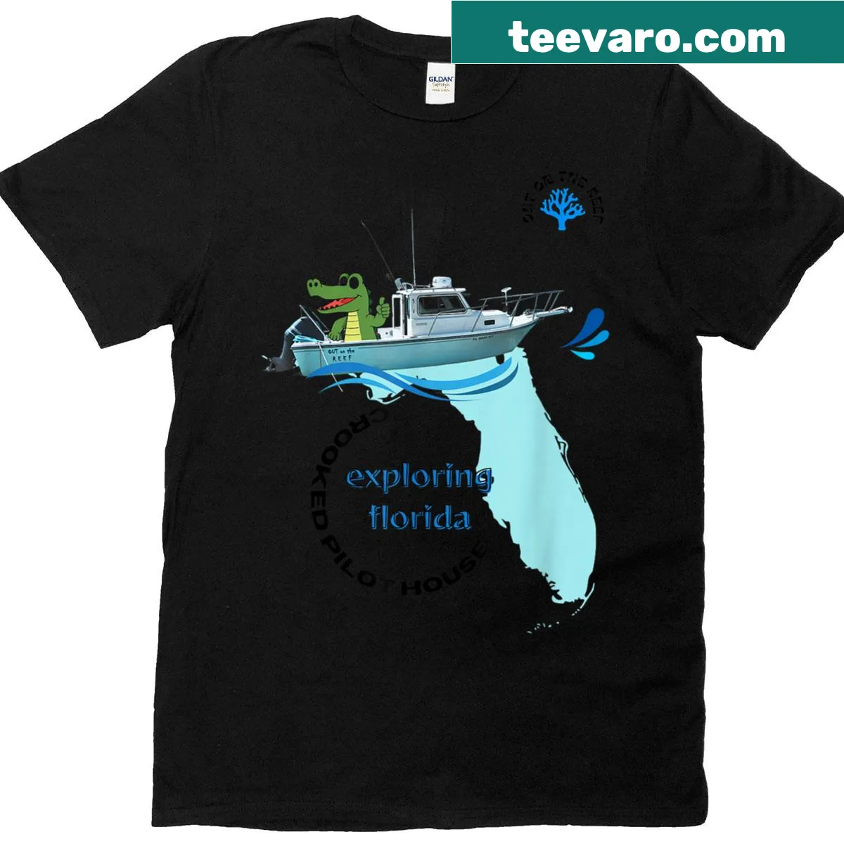 Illustration of an alligator on a boat giving a thumbs up — on a men's t-shirt