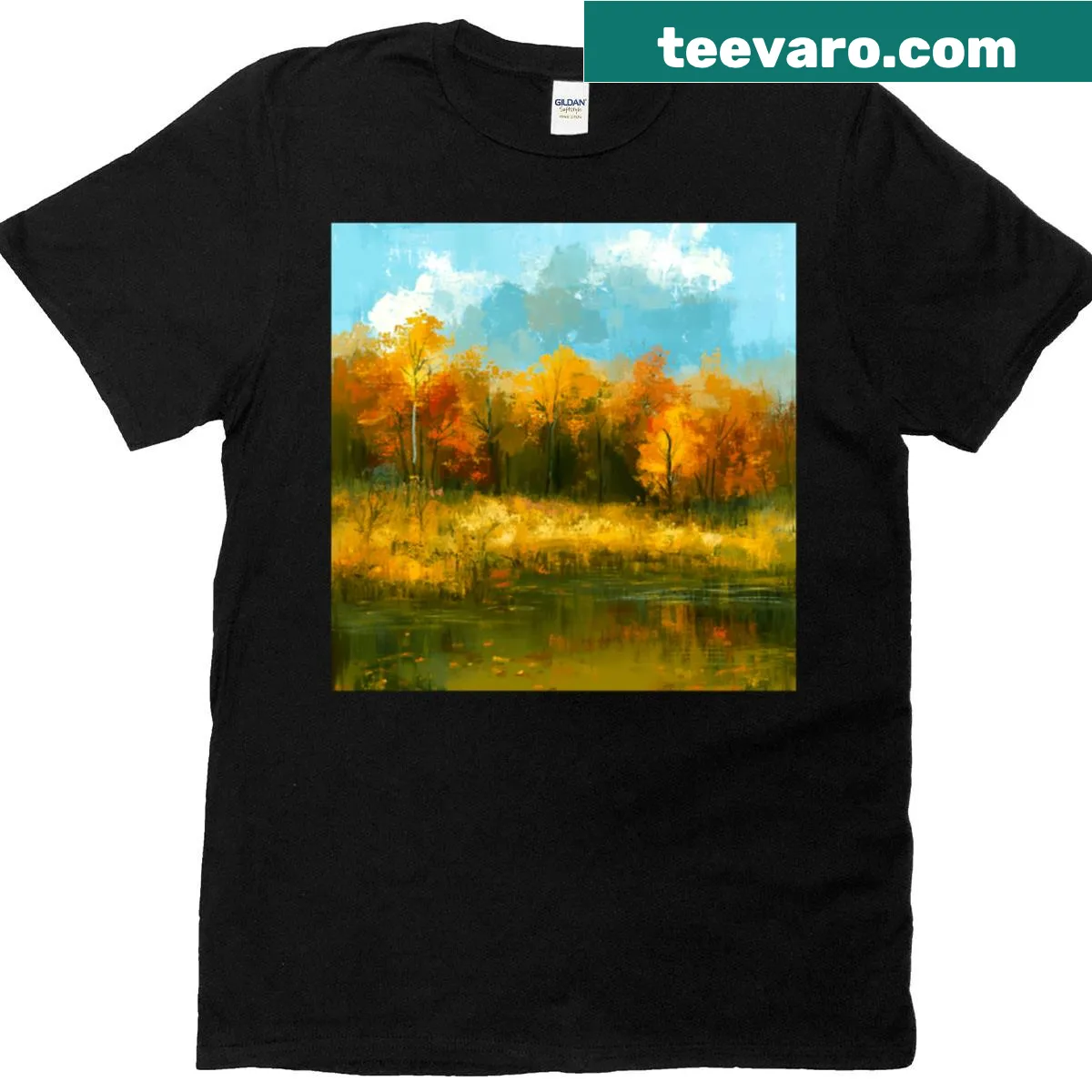 Abstract T-shirt featuring a serene autumn lake and trees. — on a men's t-shirt