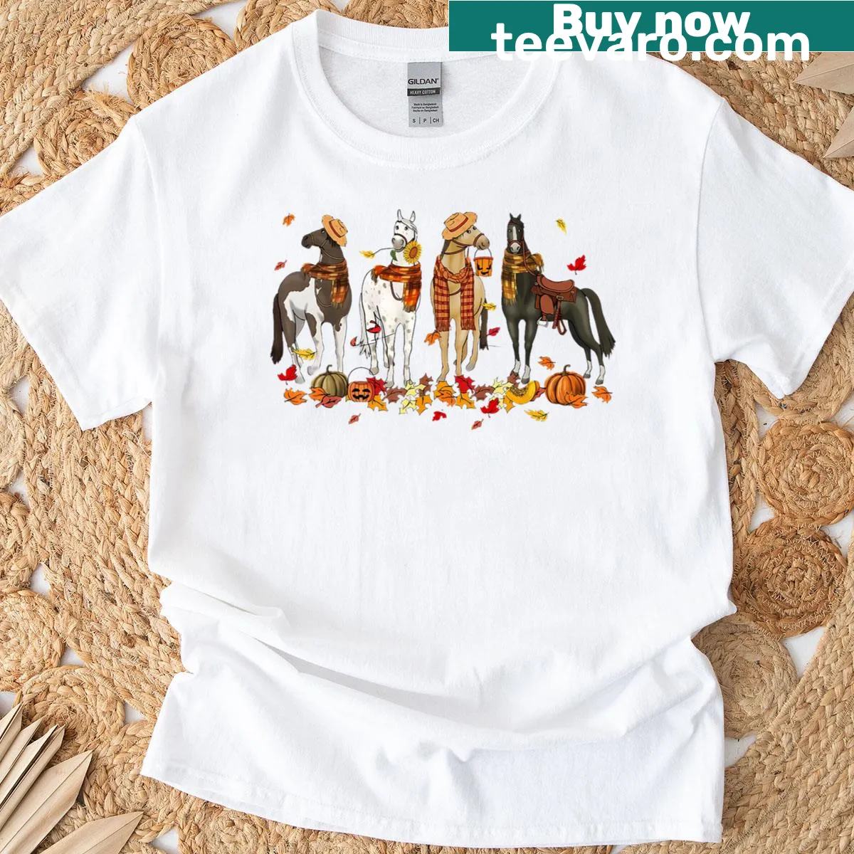 Illustrated t-shirt featuring a horse among autumn leaves — on a men's t-shirt