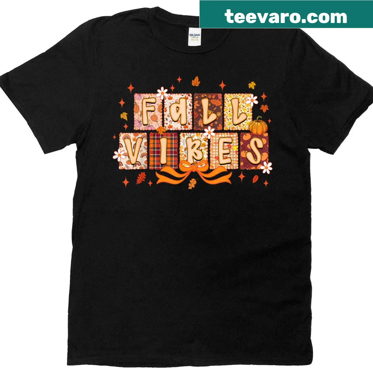 Autumn-themed T-shirt with pumpkins and leaves illustration for fall. — on a men's t-shirt