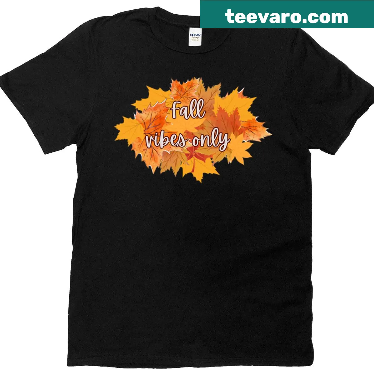 T-shirt with autumn leaves design celebrating fall vibes. — on a men's t-shirt