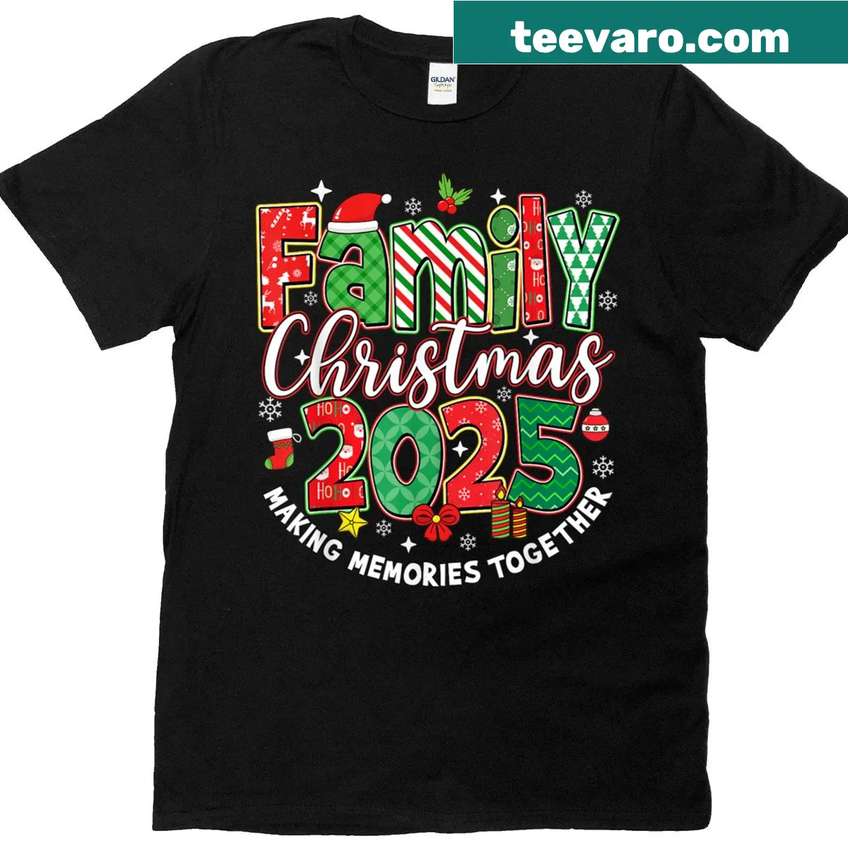 Festive Family Christmas shirt featuring Santa and elves — on a men's t-shirt