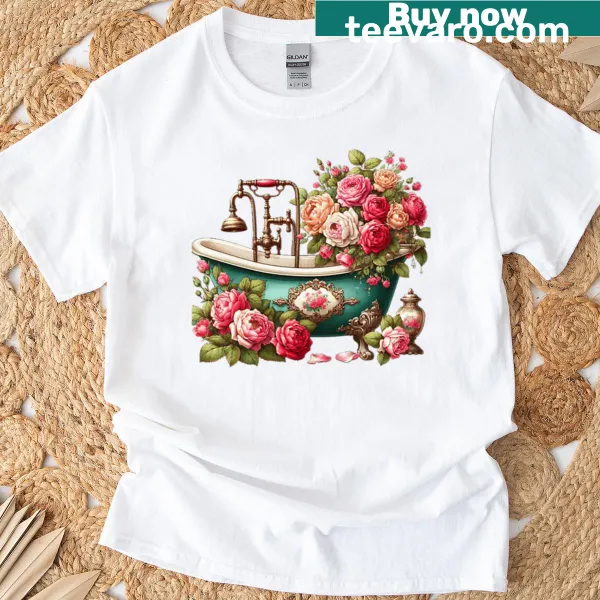 Vintage bath surrounded by roses graphic T-shirt