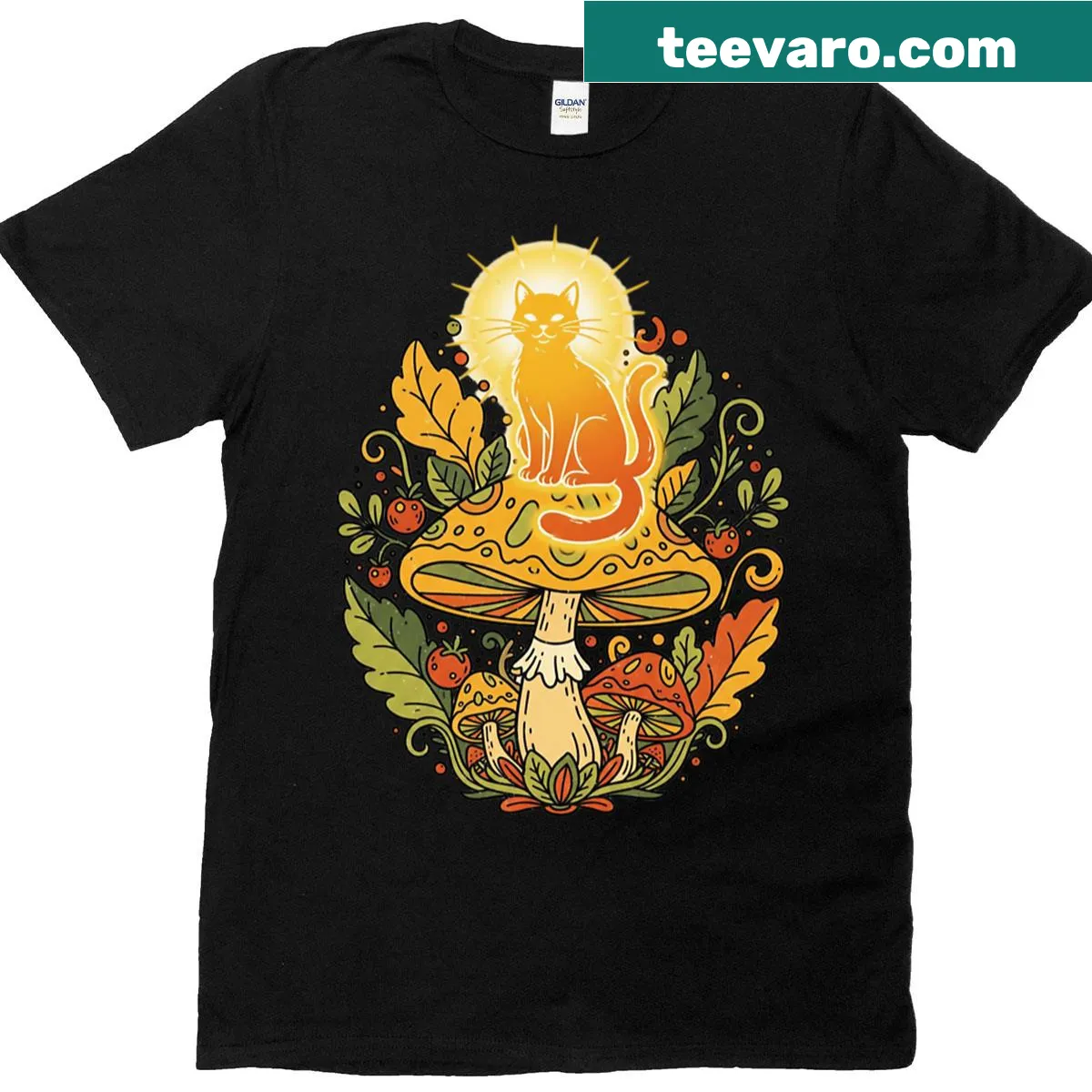 Illustration of a cat on a mushroom on a t-shirt — on a men's t-shirt