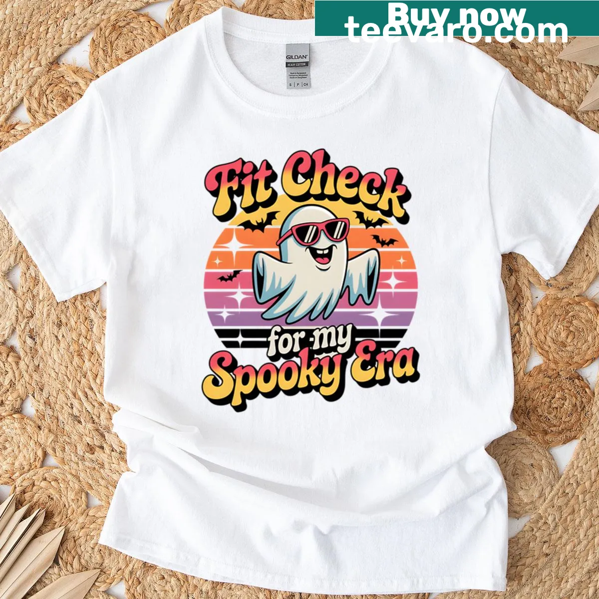 Vintage ghost design T-shirt with playful fit check phrase — on a men's t-shirt