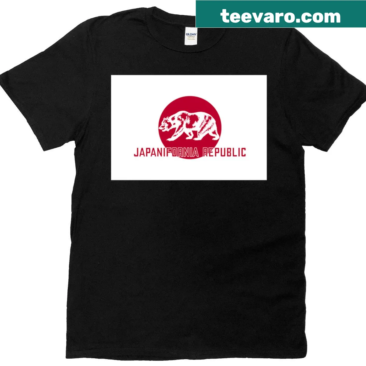 Illustrative T-shirt featuring a fusion of Japan and California elements — on a men's t-shirt