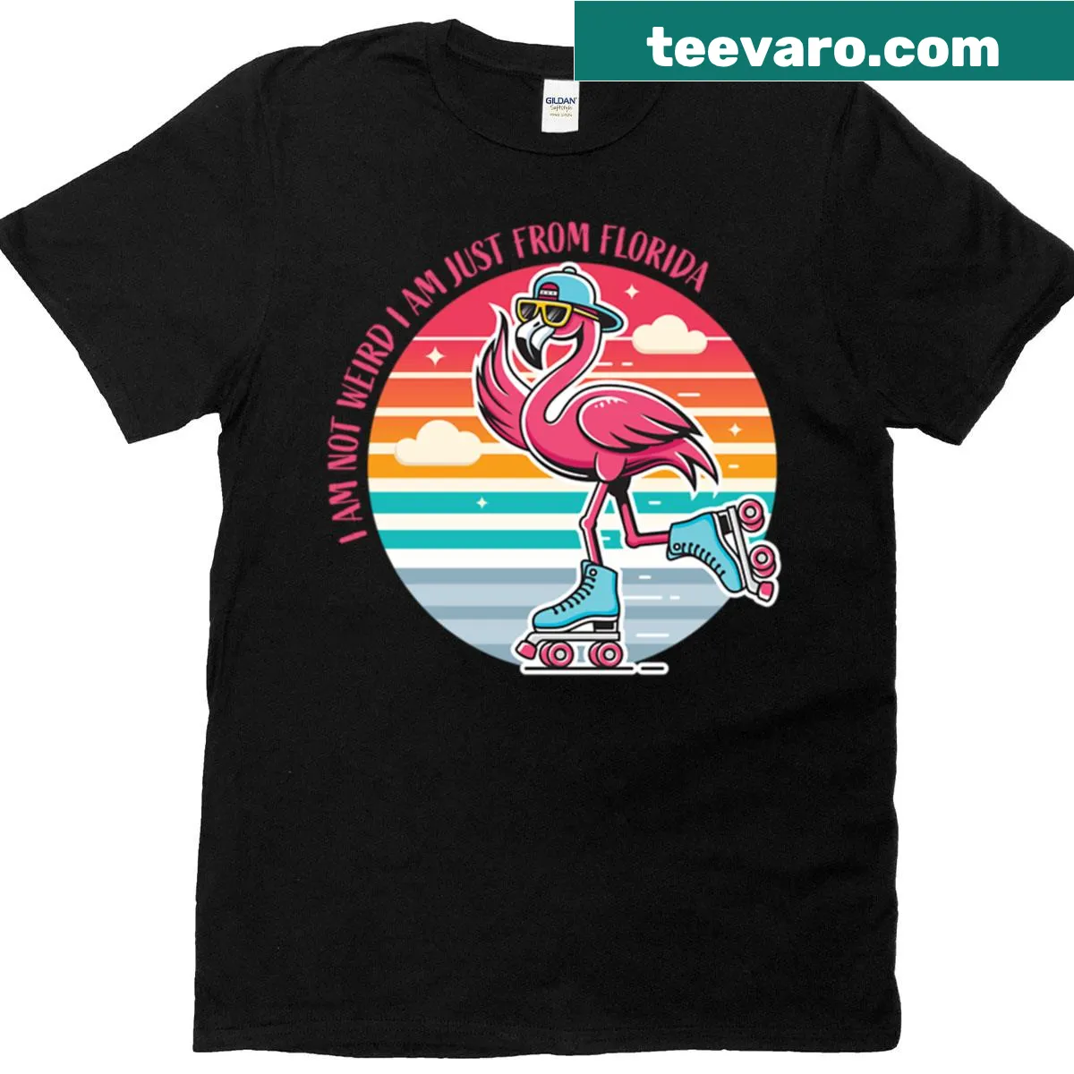 Graphic T-shirt featuring retro roller skates with flamingos — on a men's t-shirt