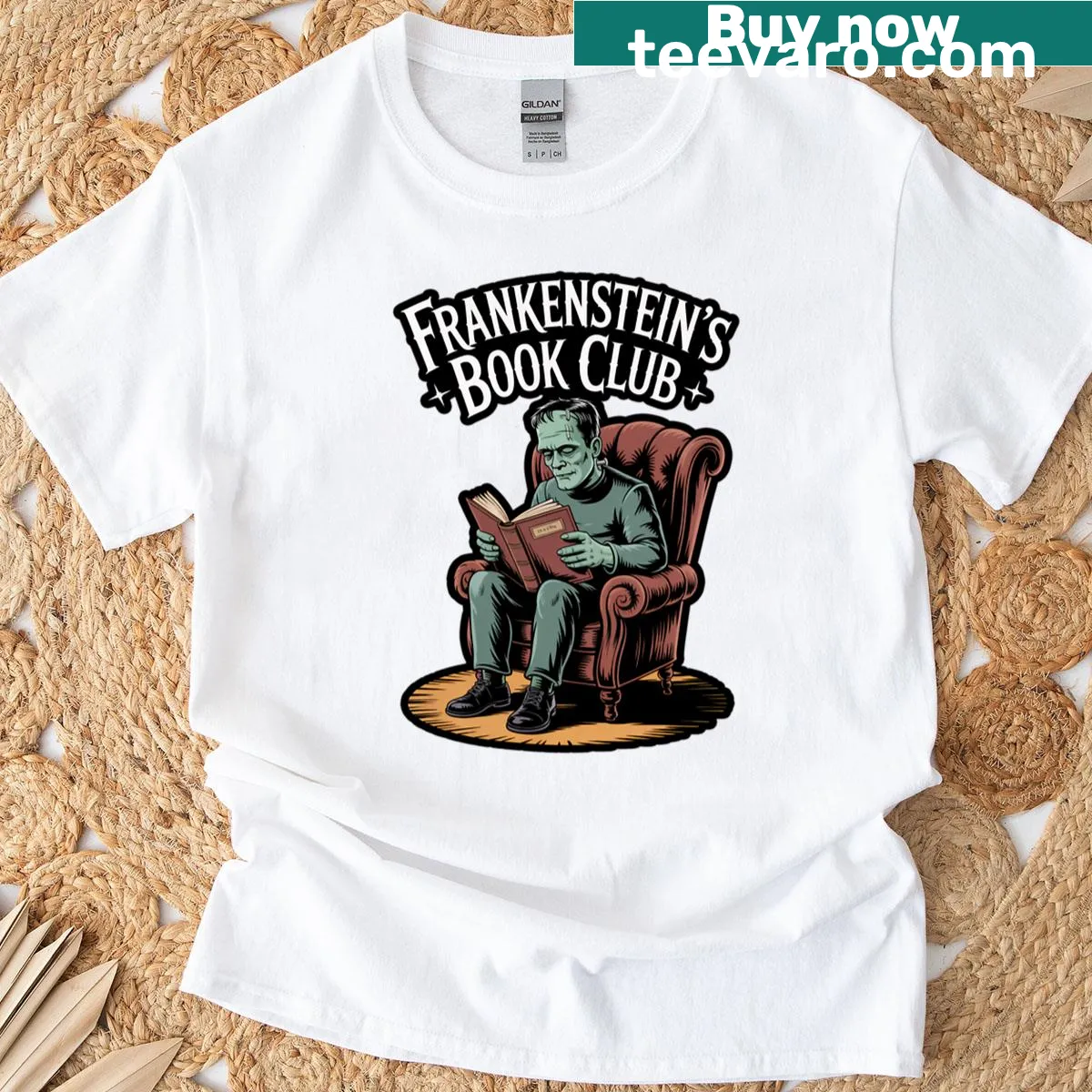 T-shirt featuring the phrase 'Frankenstein's Book Club' with spooky illustrations — on a men's t-shirt