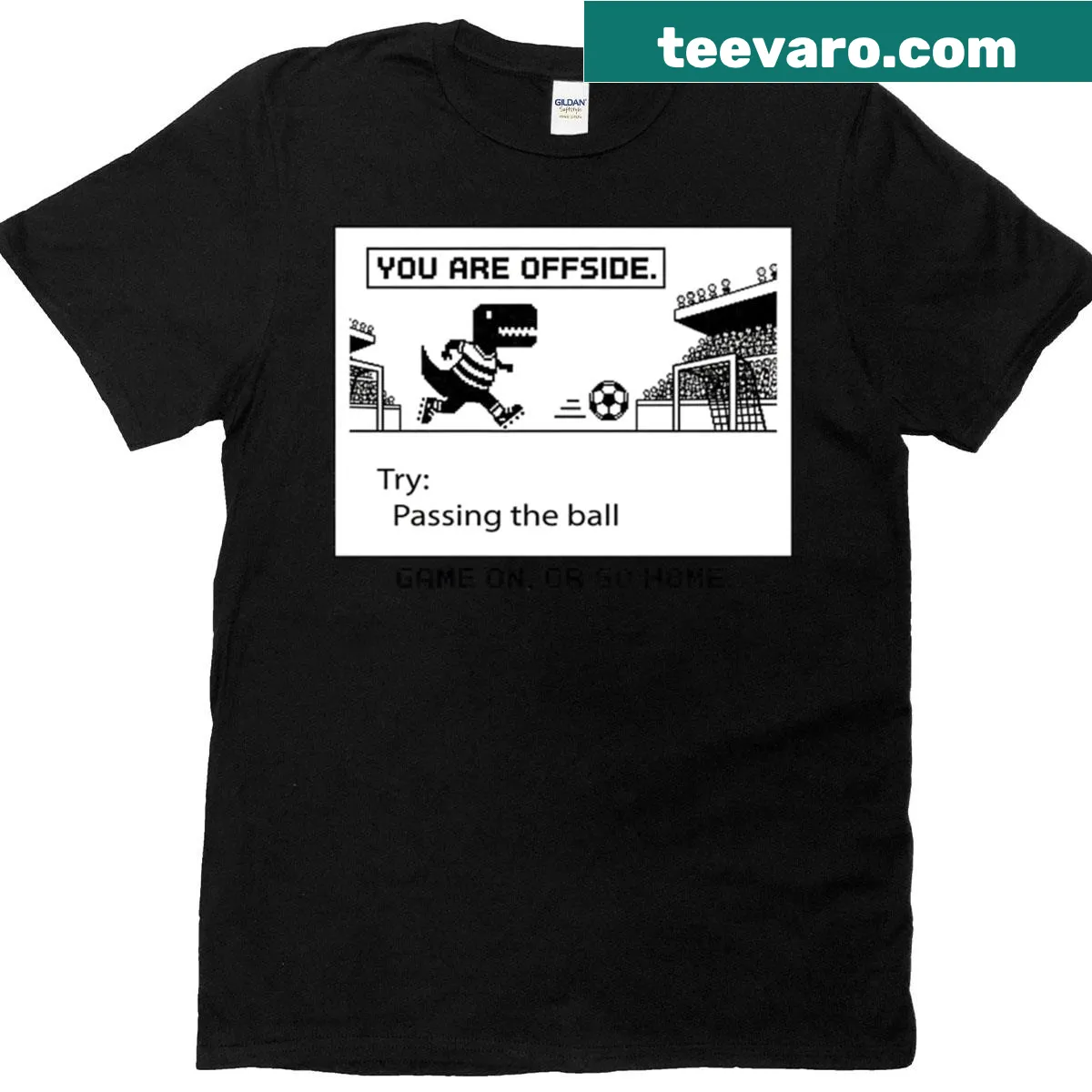 Funny dinosaur soccer graphic t-shirt with pixel art — on a men's t-shirt