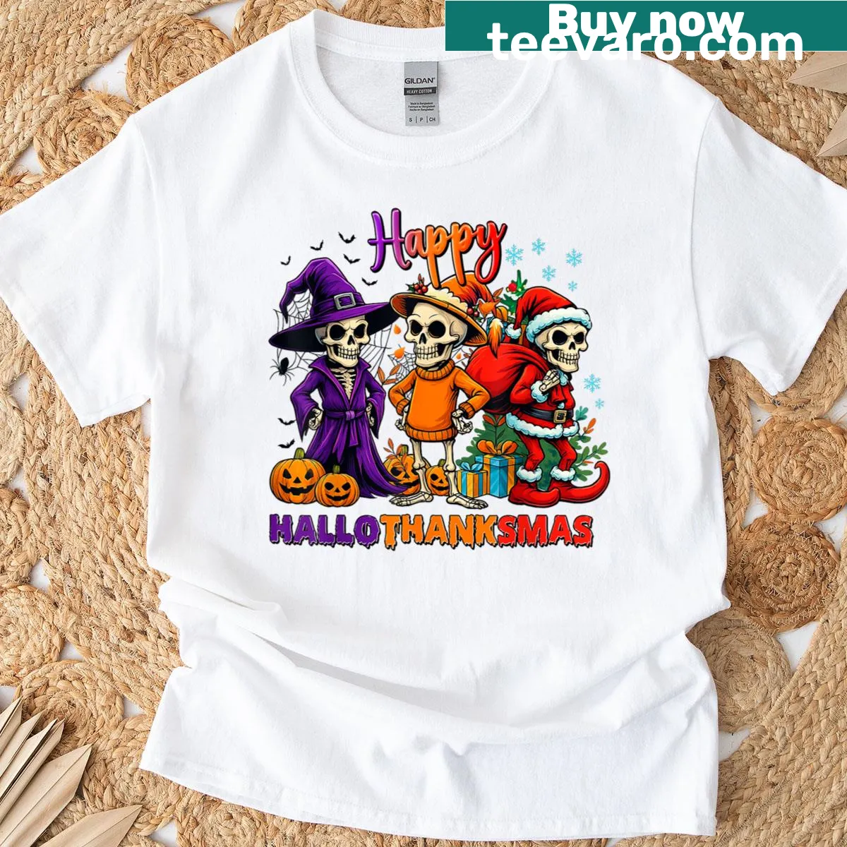 Funny T-shirt with a skeleton design celebrating Hallothanksmas — on a men's t-shirt