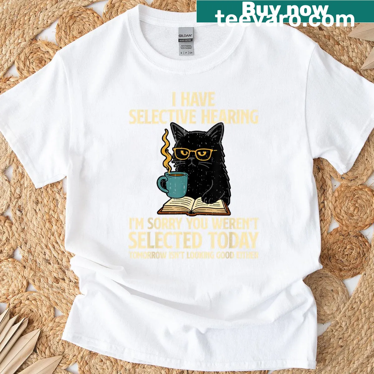 Funny cat-themed t-shirt with the phrase about selective hearing — on a men's t-shirt