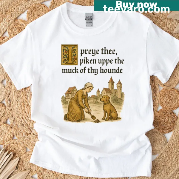 Humorous medieval dog-themed t-shirt featuring a cartoon design