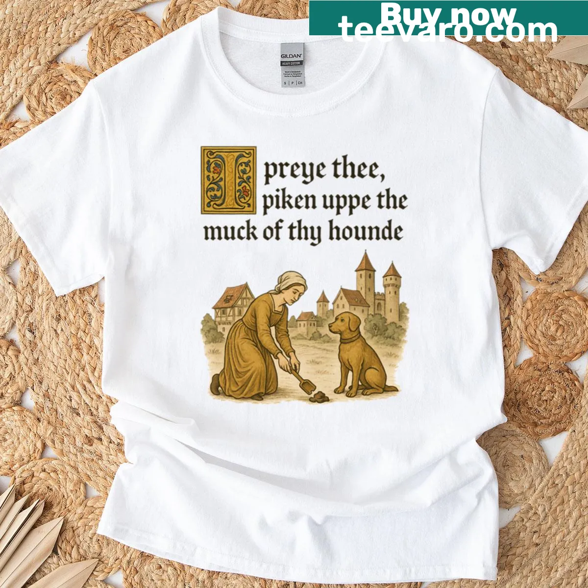 Humorous medieval dog-themed t-shirt featuring a cartoon design — on a men's t-shirt