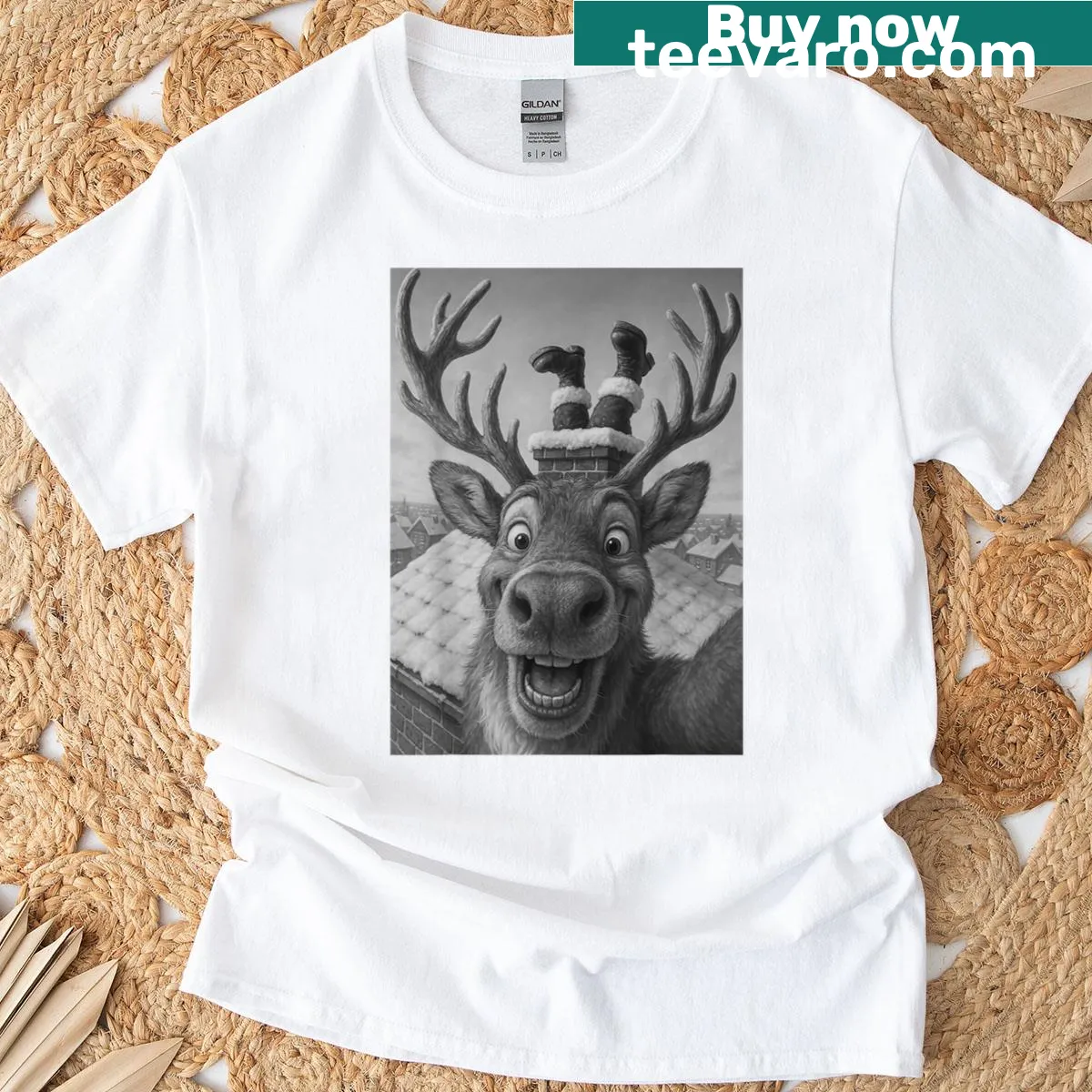 Funny reindeer selfie with Santa graphic T-shirt — on a men's t-shirt