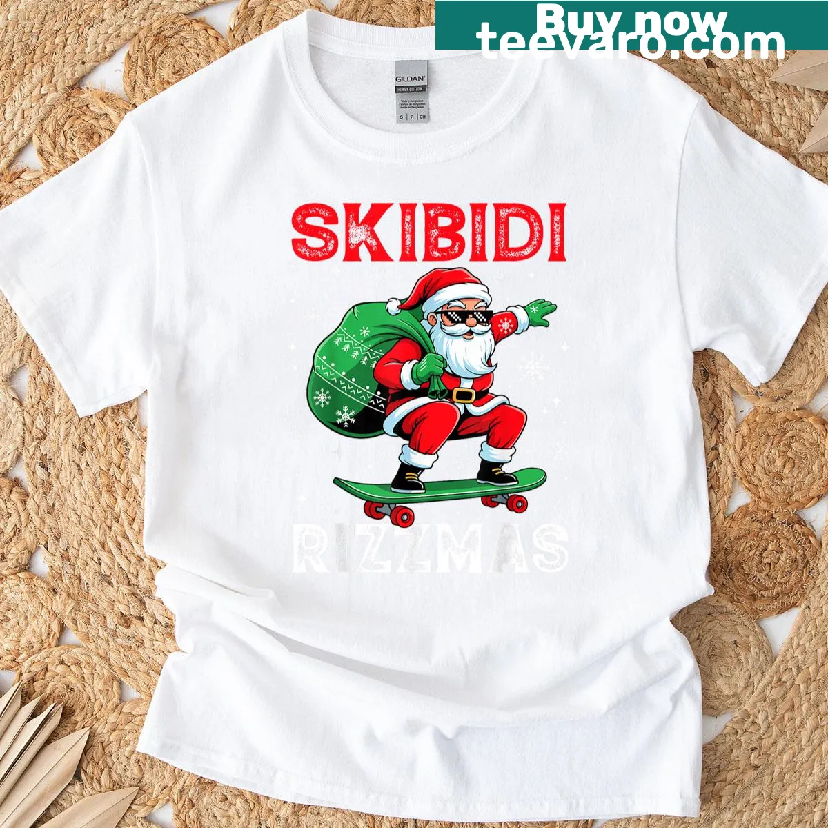 Humorous Christmas t-shirt featuring Santa on a skateboard — on a men's t-shirt