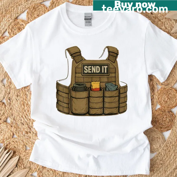 Funny airsoft t-shirt featuring a tactical vest design