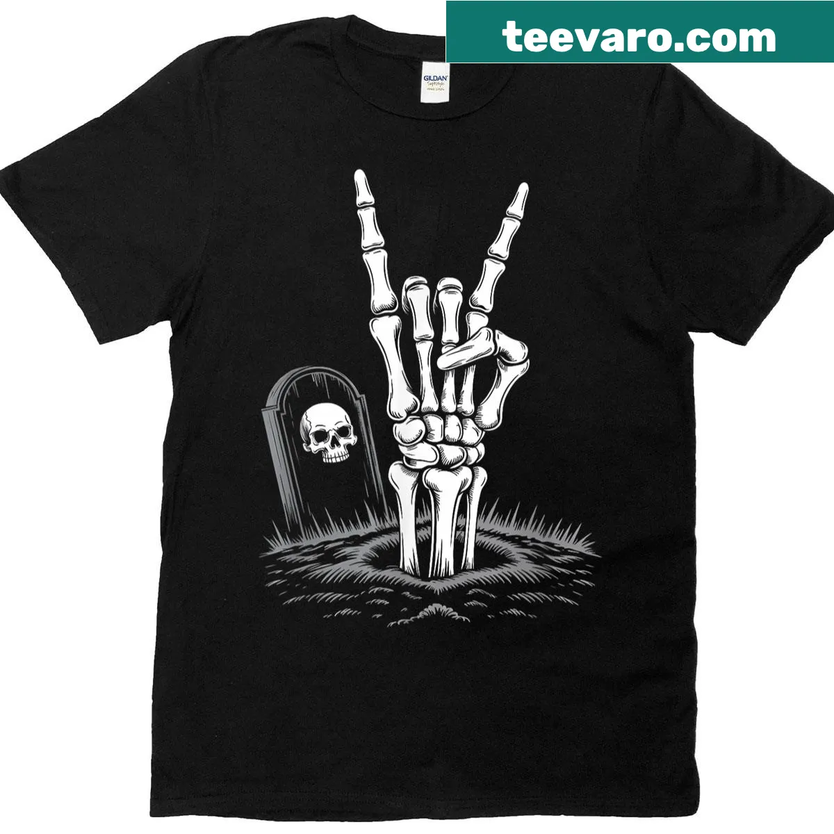 Skeleton playing guitar design for a funny Halloween t-shirt — on a men's t-shirt