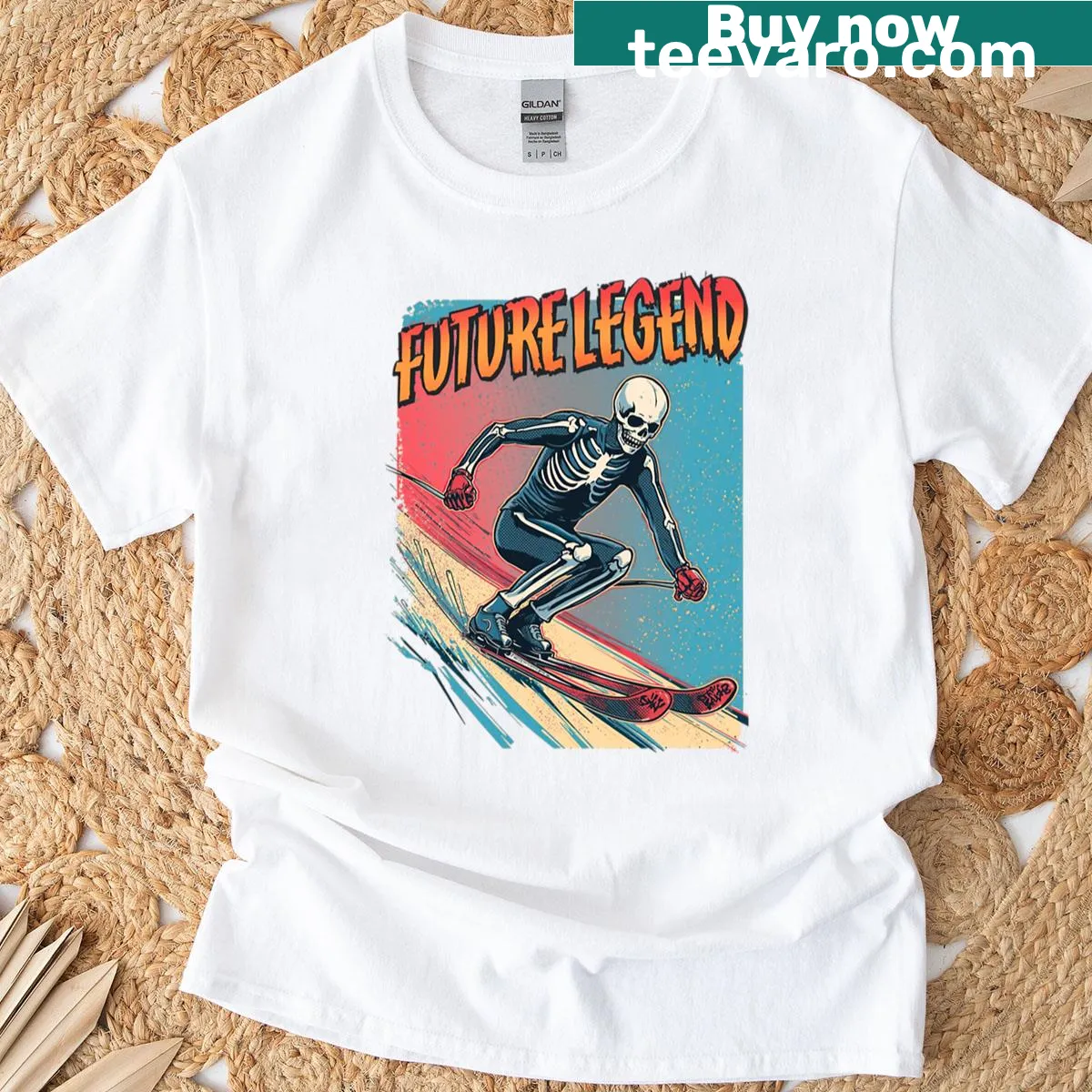 Skeleton skiing t-shirt design — on a men's t-shirt