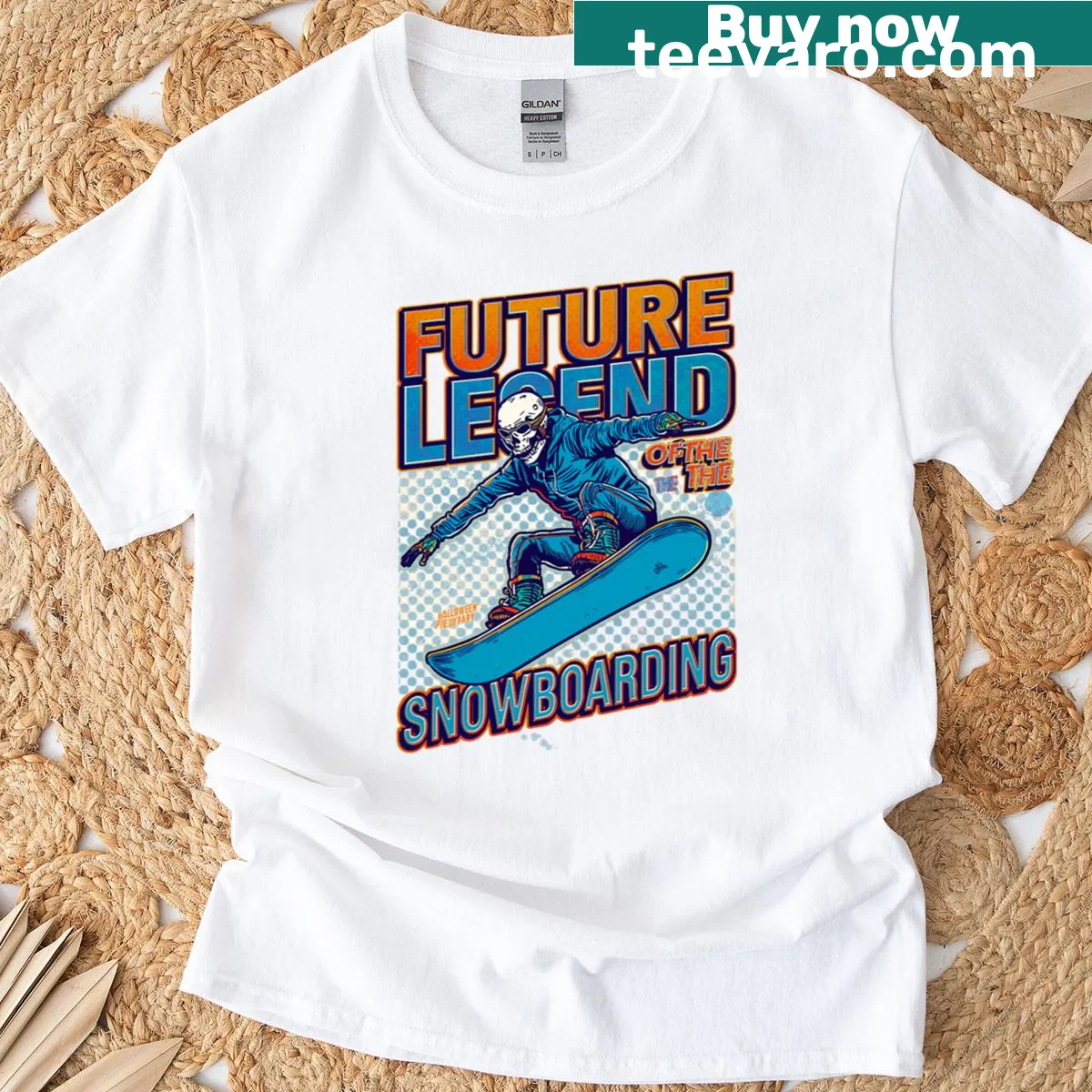 Skeleton athlete snowboarding t-shirt design — on a men's t-shirt