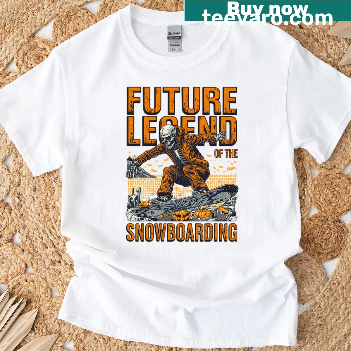 Futuristic skeleton snowboarding graphic design. — on a men's t-shirt