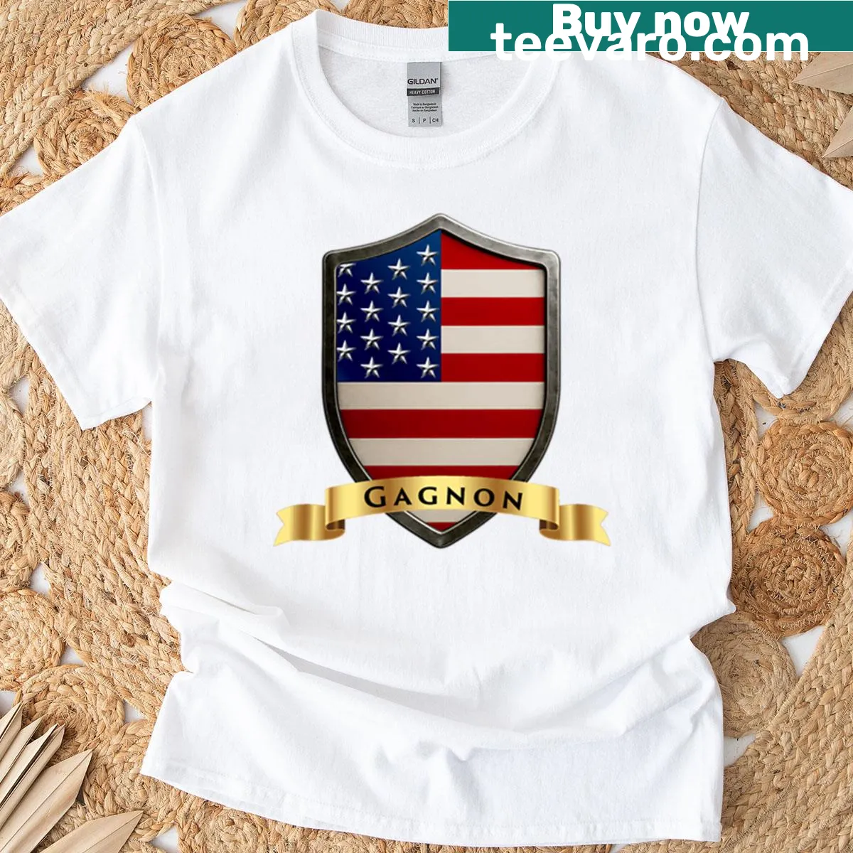 Patriotic Gagnon family crest t-shirt with stars and stripes. — on a men's t-shirt