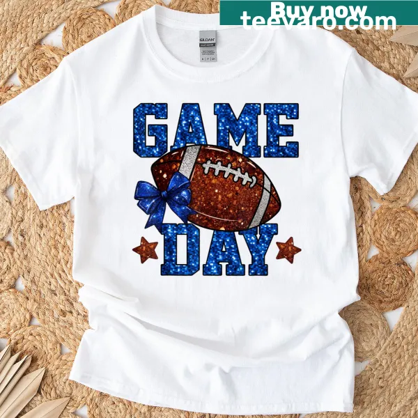 Typography 'Football Mama' with a blue bow design on a t-shirt