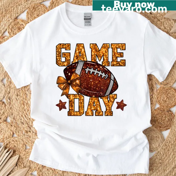 Football Mama t-shirt with orange bow and cheerful typography
