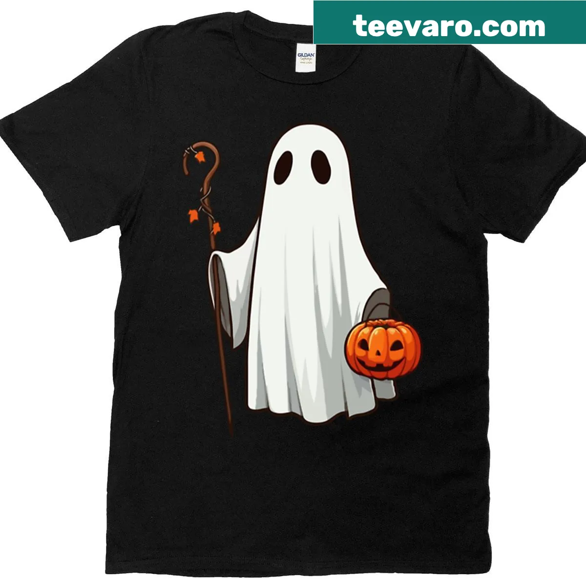 Cartoon Ghost Pumpkin T-shirt with a playful Halloween design — on a men's t-shirt