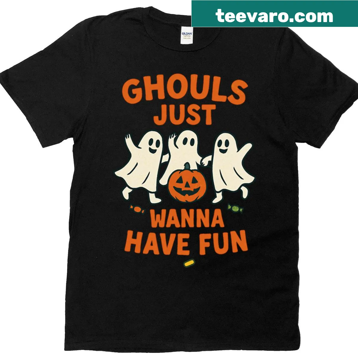 Retro Halloween T-shirt with dancing ghosts and pumpkins design — on a men's t-shirt