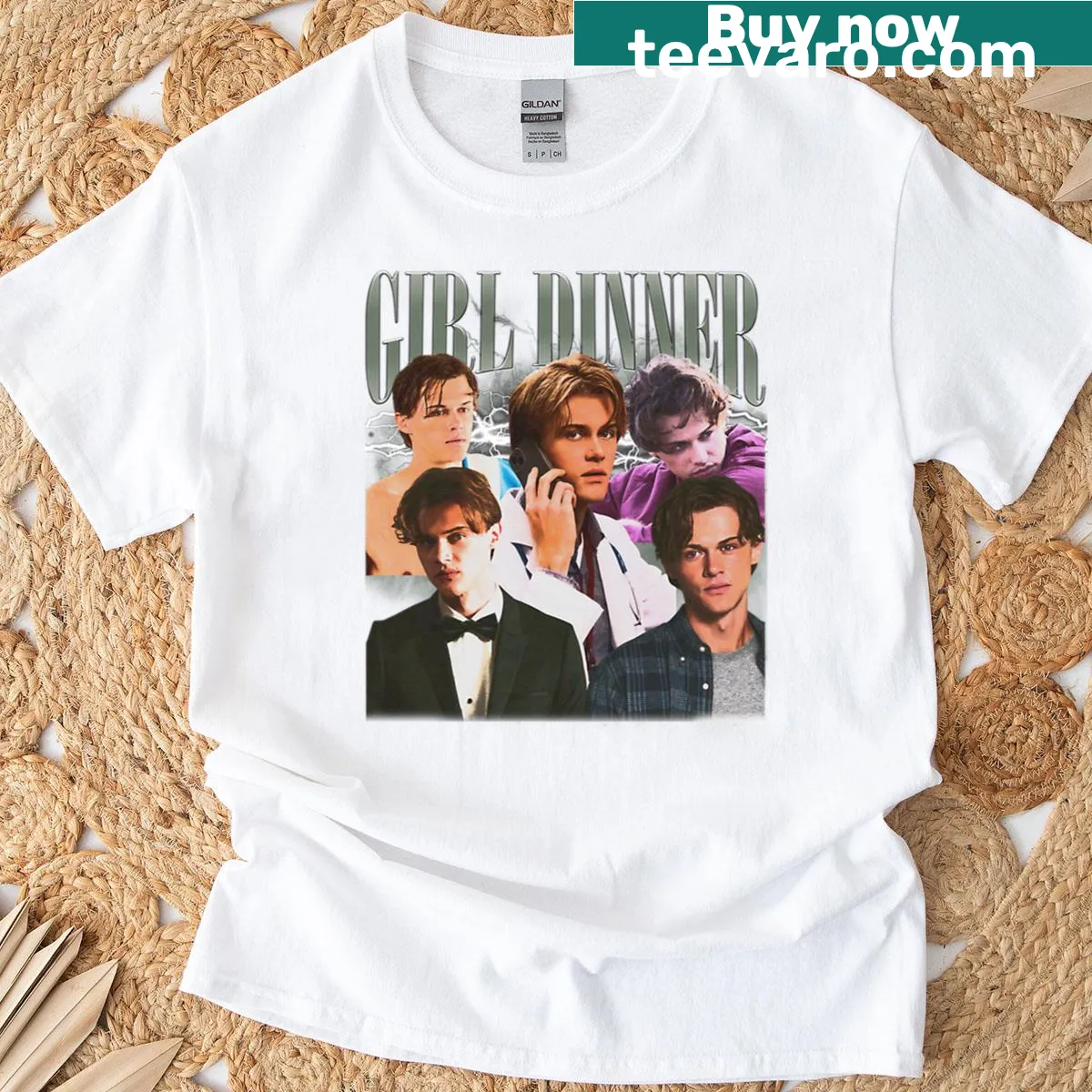 T-shirt with the phrase 'Girl Dinner' in playful typography — on a men's t-shirt
