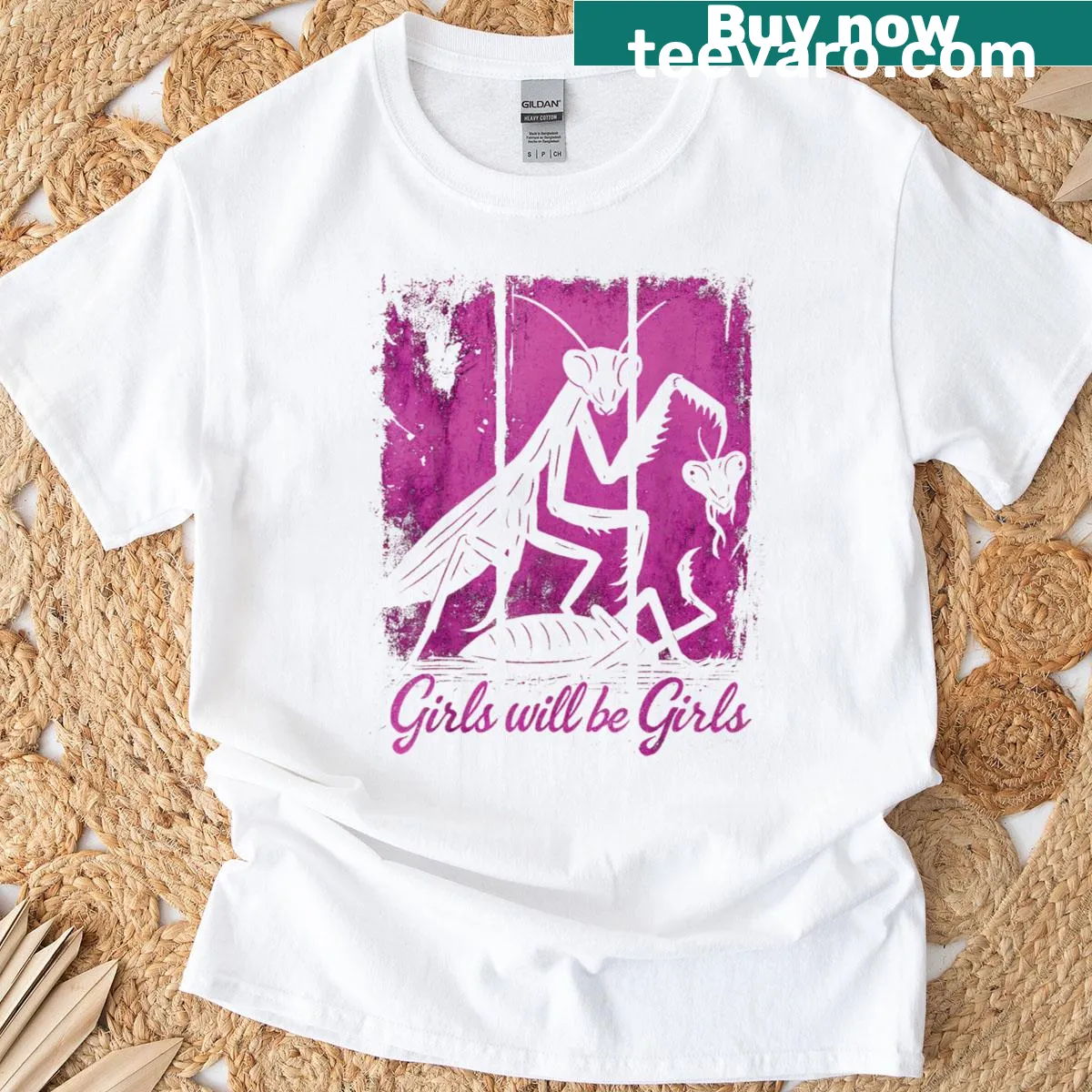 Cute t-shirt featuring a praying mantis illustration — on a men's t-shirt