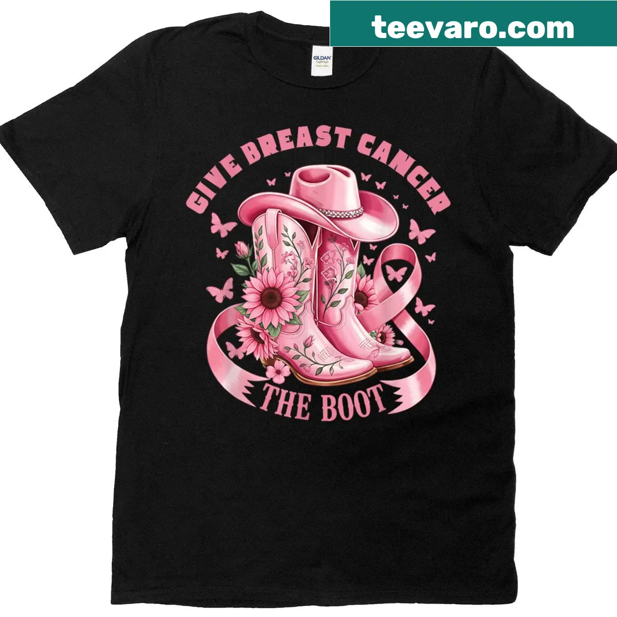 Cowgirl cancer awareness T-shirt with 'Give Breast Cancer The Boot' slogan — on a men's t-shirt
