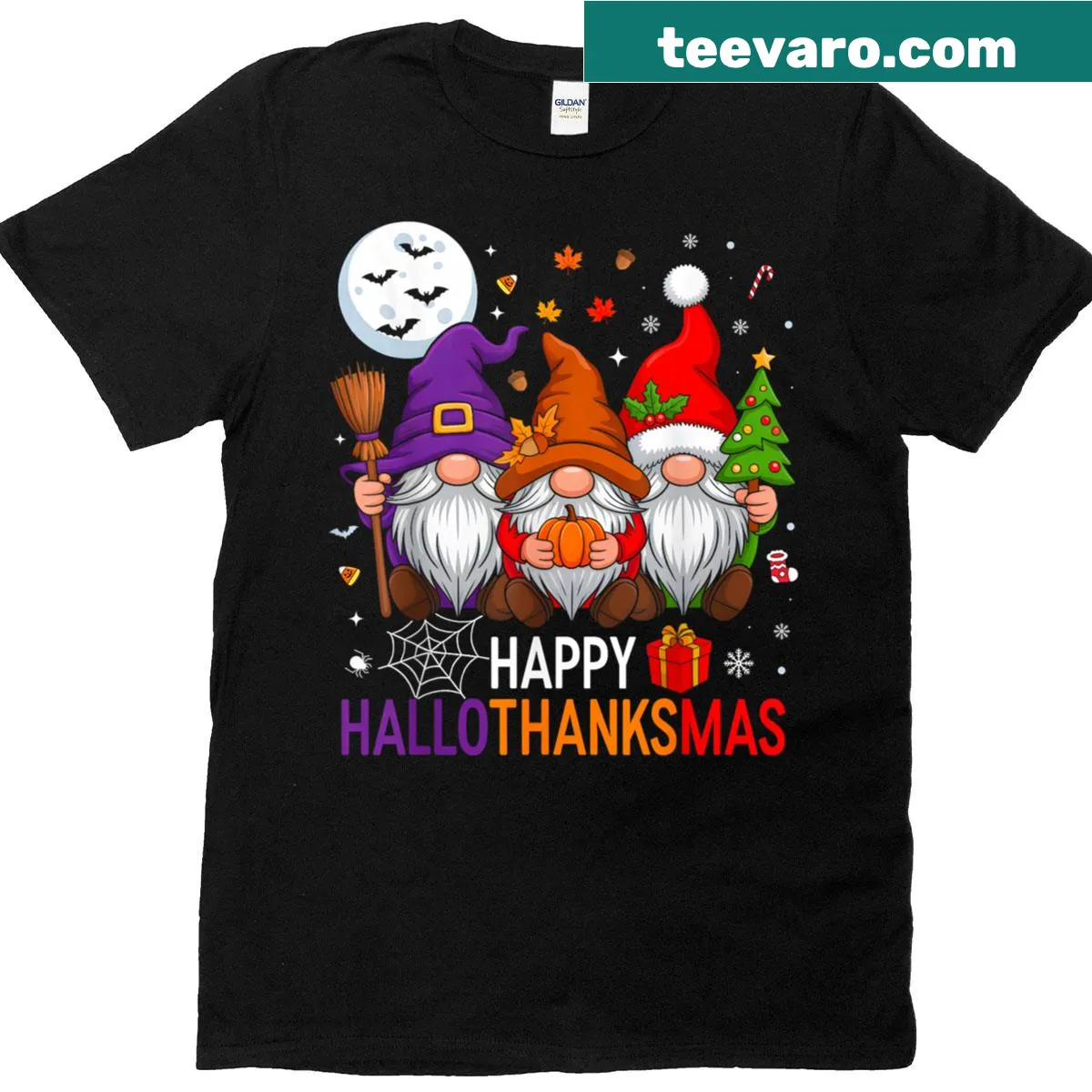 Vintage gnome graphic celebrating Halloween and Thanksgiving on a t-shirt — on a men's t-shirt