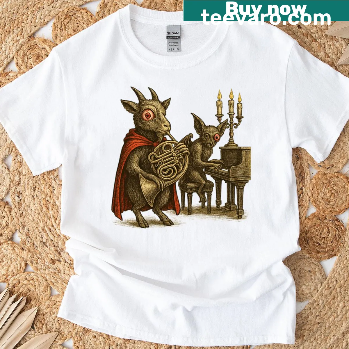 Vintage etching illustration of a goat and bat for Halloween. — on a men's t-shirt