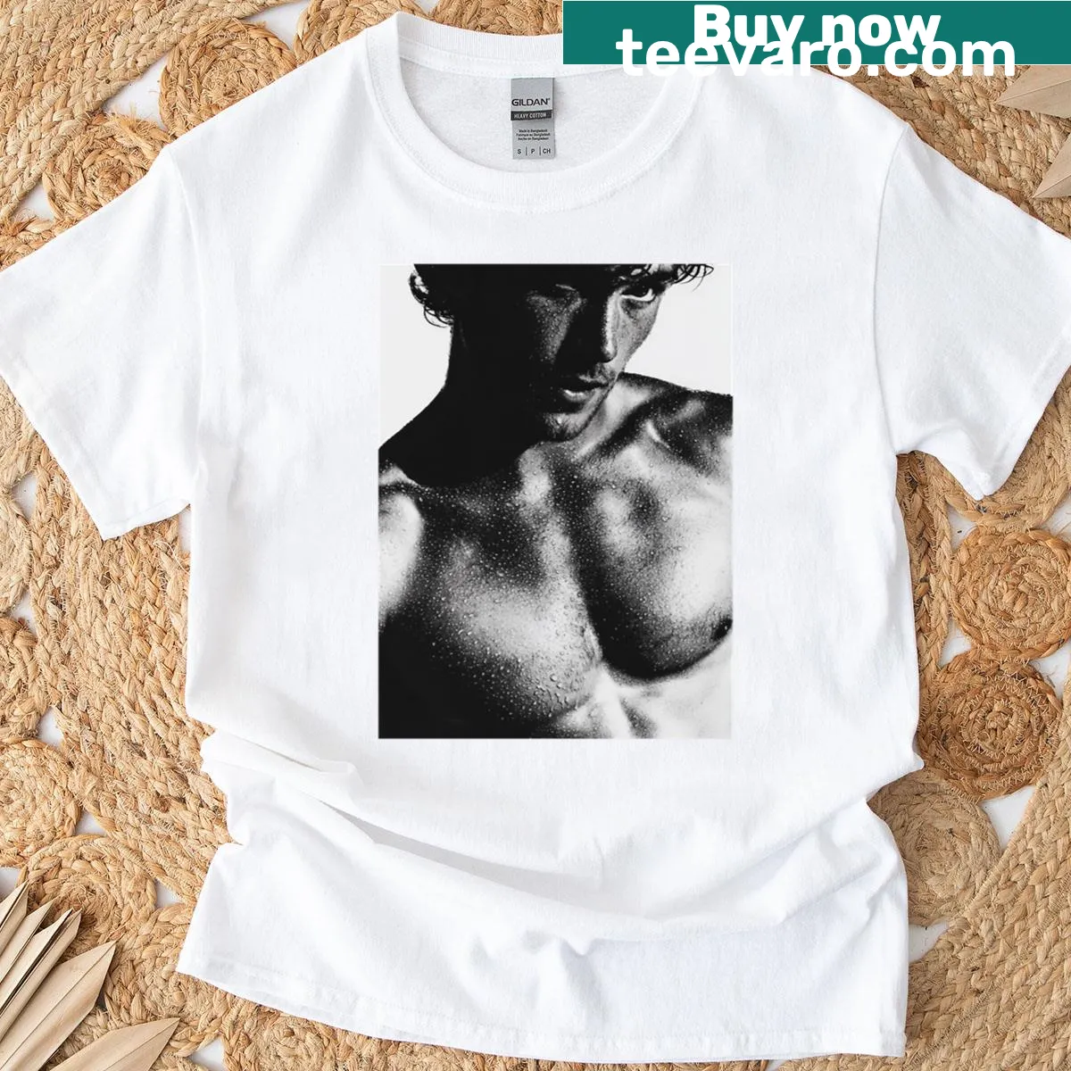 Premium t-shirt featuring a muscular man illustration — on a men's t-shirt