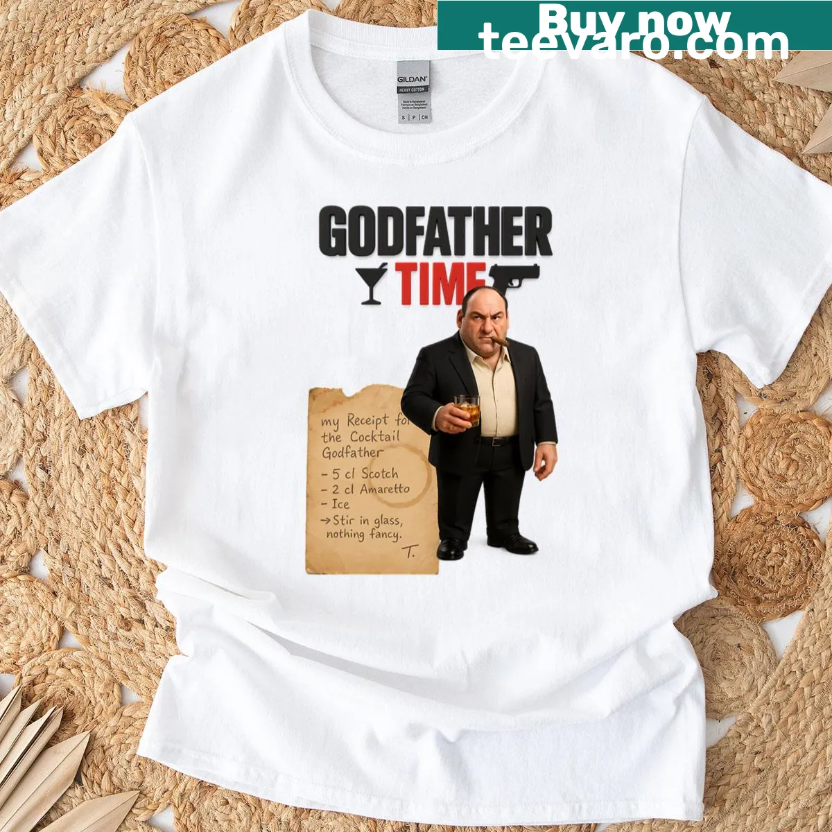 Retro cocktail-themed t-shirt with mafia-inspired design — on a men's t-shirt