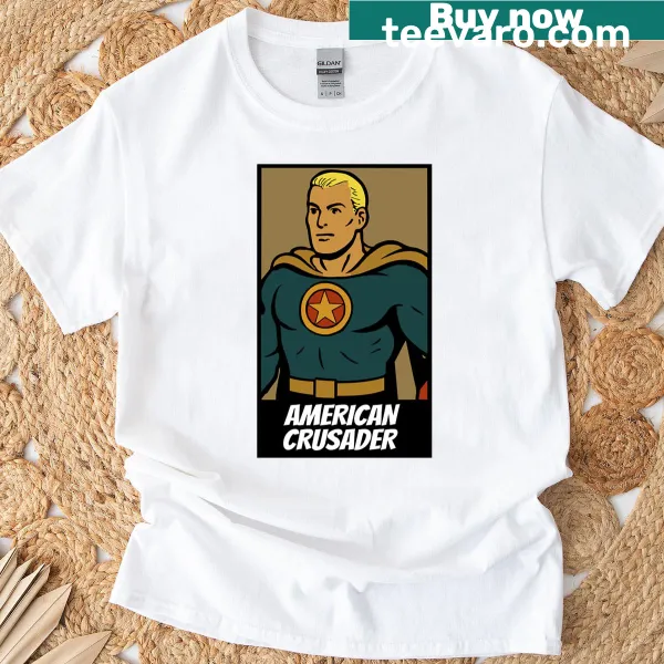American Crusader graphic representing vintage superhero culture.